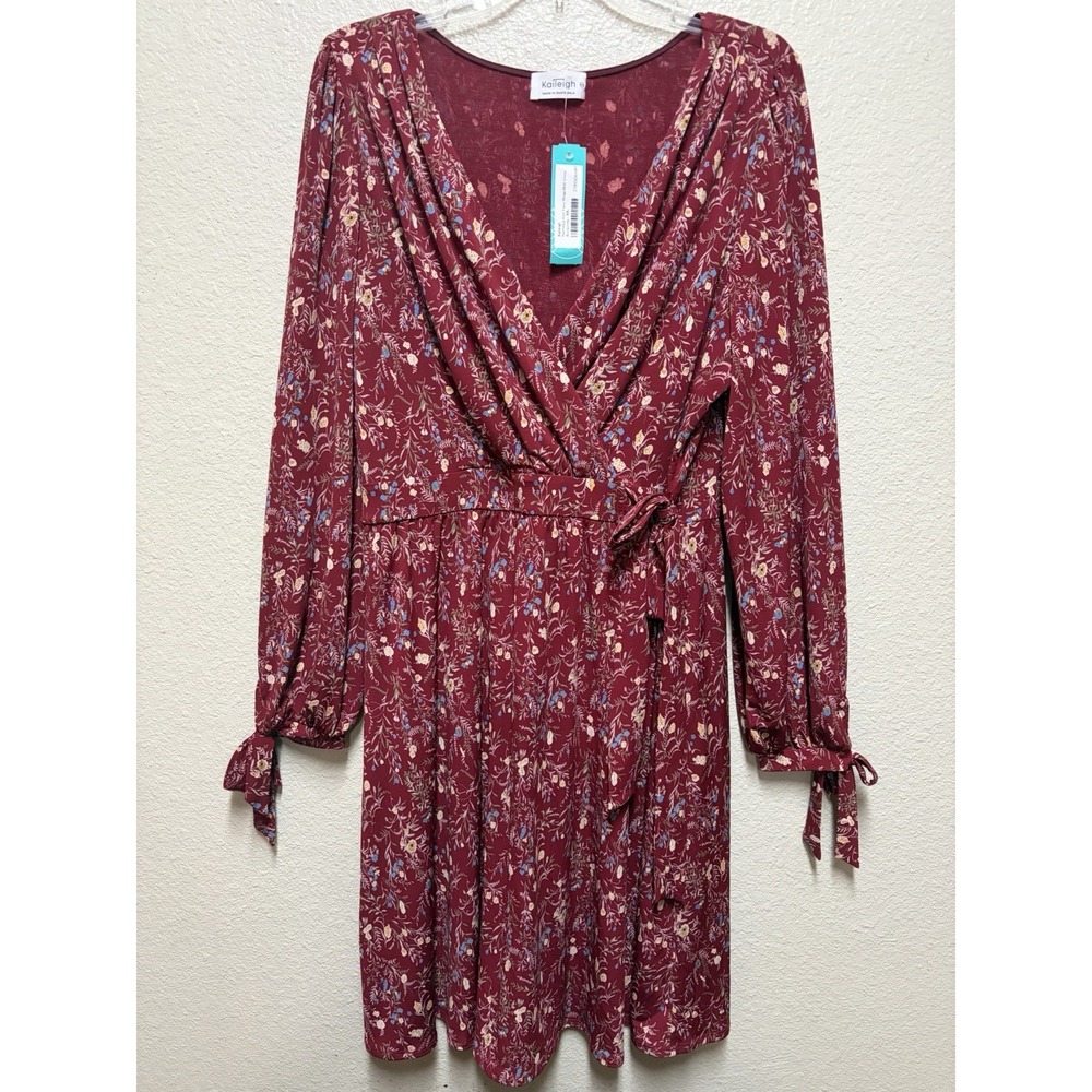 Kaileigh XXL Burgundy Floral Knit Faux Wrap Midi Dress Tie Sleeve V-Neck